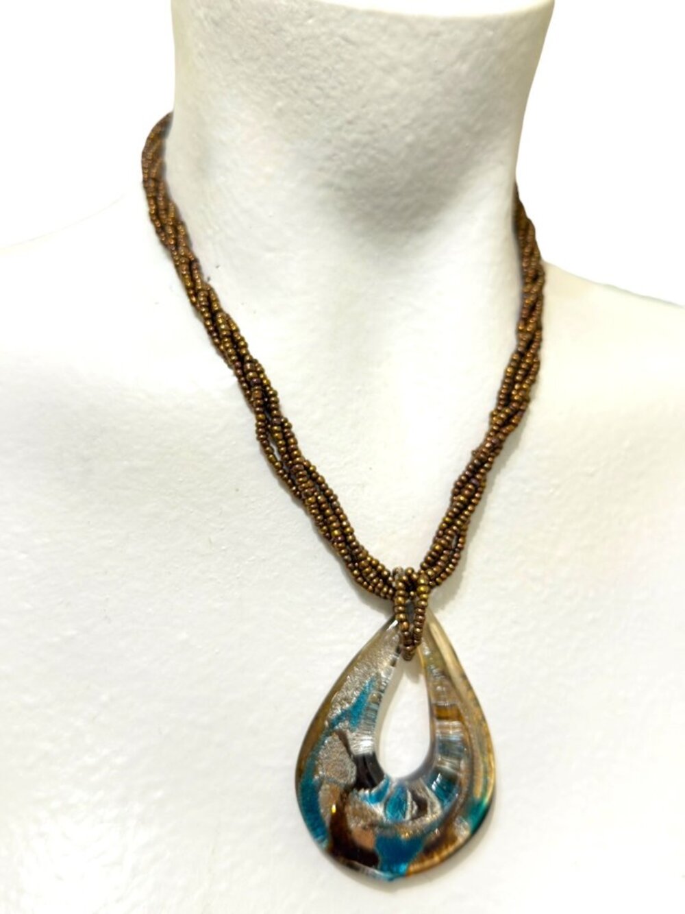 Vintage Murano Glass Teardrop Pendant Necklace With Bronze Beaded Cord - Picture 2 of 9